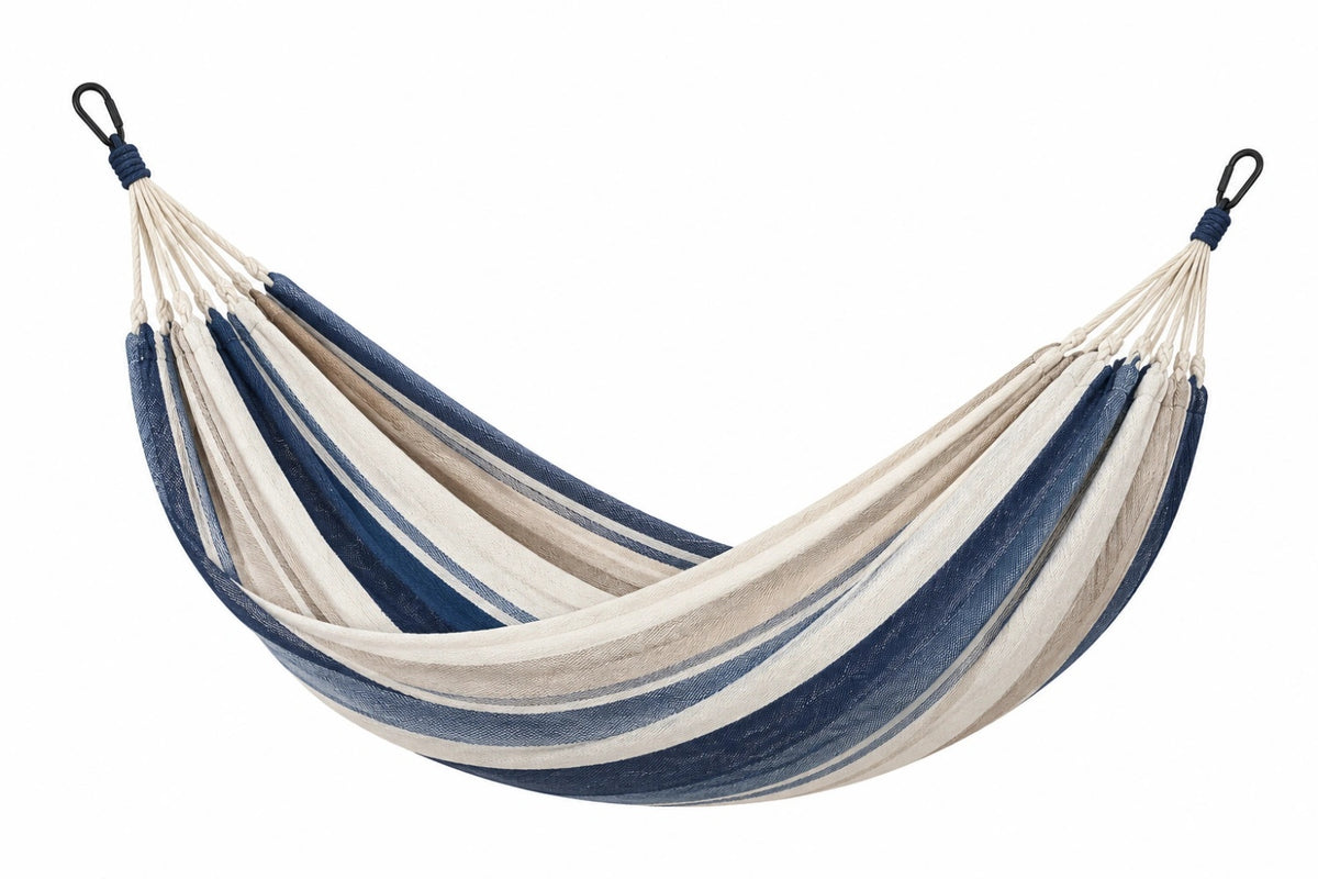 Amaca 200 x 150 cm in tessuto blu crema tortora per giardino con moschettoni