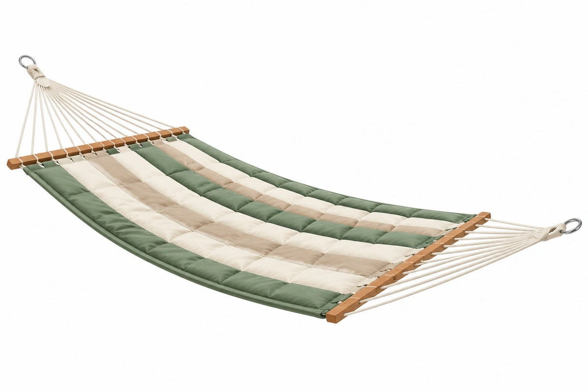 Amaca imbottita 300 x 100 cm in tessuto verde beige e bianco con barre in legno per esterno