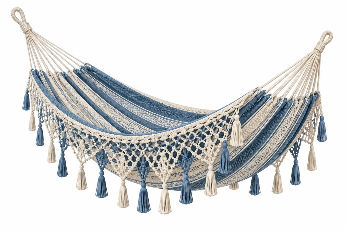 Amaca 200 x 100 cm in corda blu e beige con frange stile boho