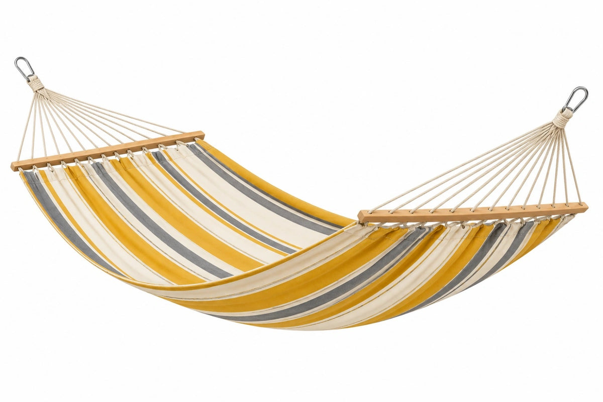 Amaca 300 x 100 cm in cotone giallo bianco e grigio - sospesa con barre in legno per giardino