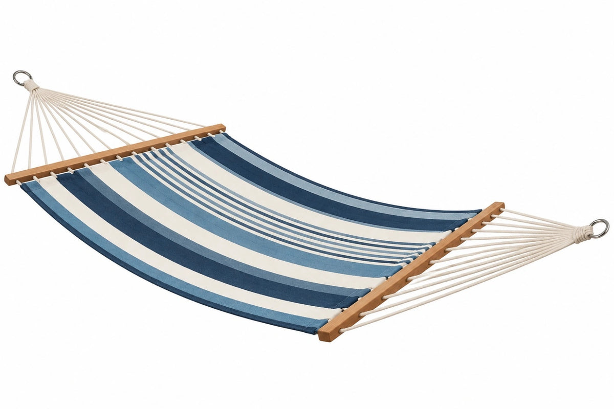 Amaca da giardino 200 x 150 cm in tessuto blu e bianco con barre in legno