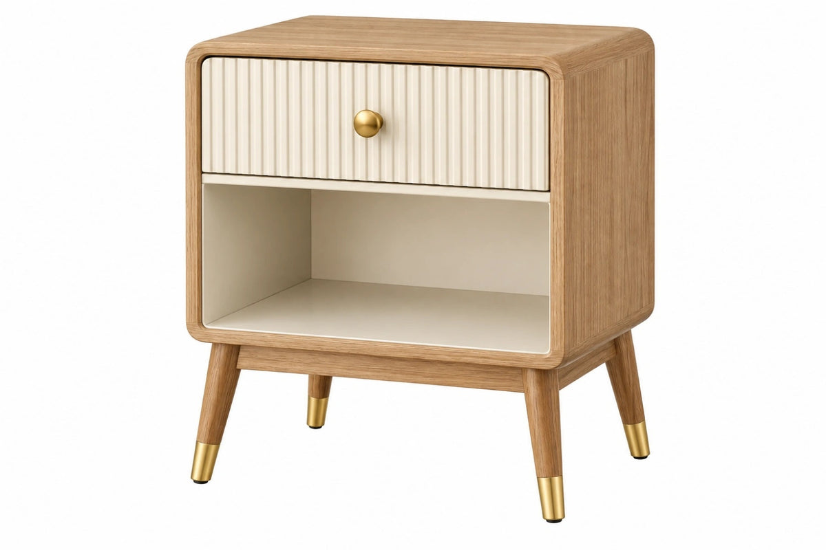 Comodino 45 x 40 x 60 cm in legno naturale e bianco con cassetto e vano a giorno stile retrò