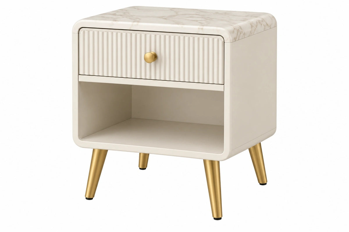 Comodino 45 x 40 x 55 cm bianco con piano effetto marmo e cassetto moderno
