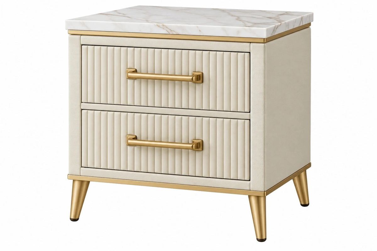 Comodino 60 x 45 x 60 cm effetto pelle avorio con piano effetto marmo e cassetti stile moderno