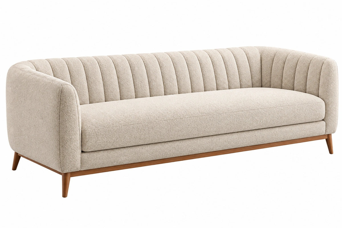Divano 3 posti 220 cm in tessuto bouclé beige con gambe in legno stile moderno