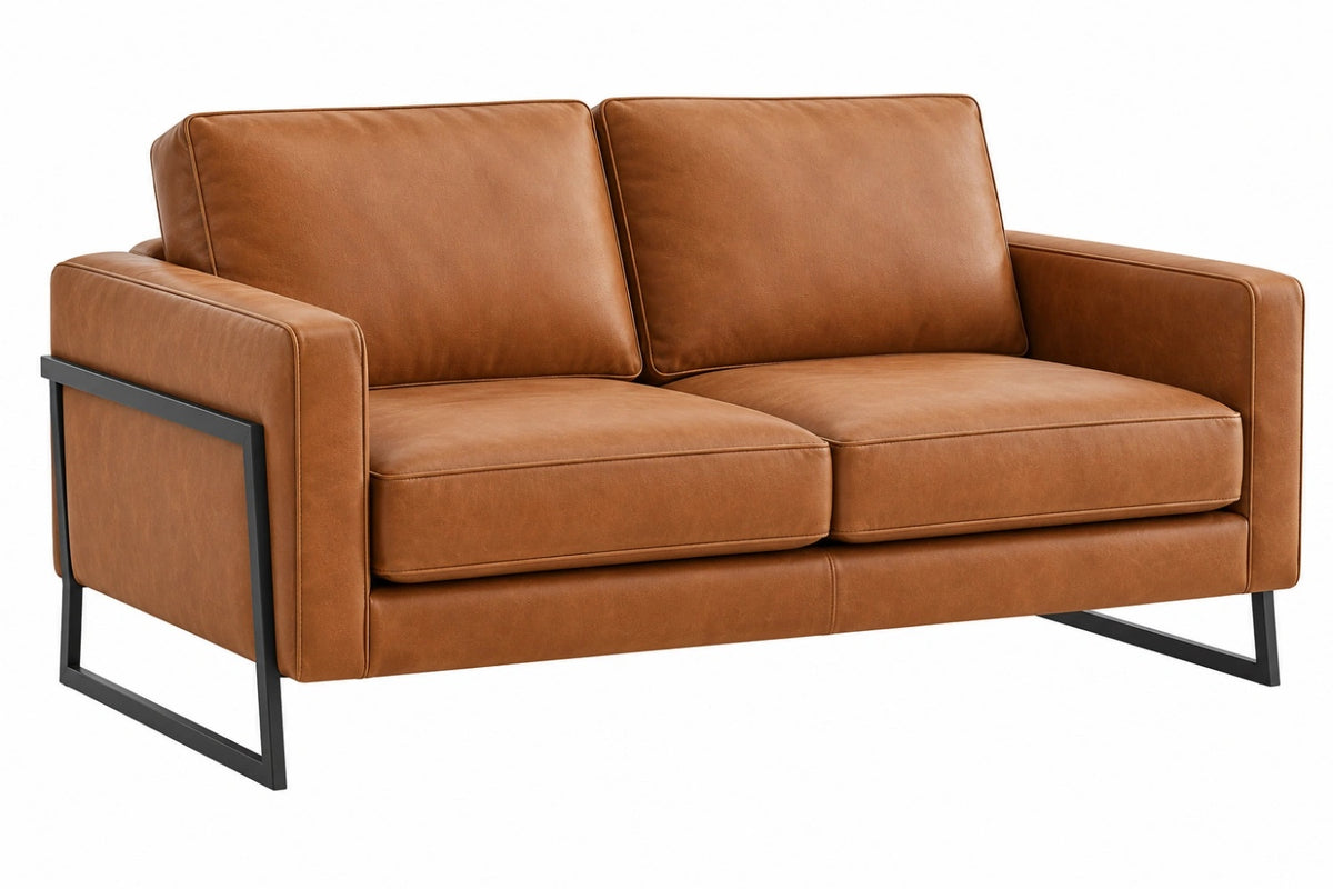 Divano 2 posti 170 x 88 x 85 cm in similpelle marrone con struttura in metallo stile industriale