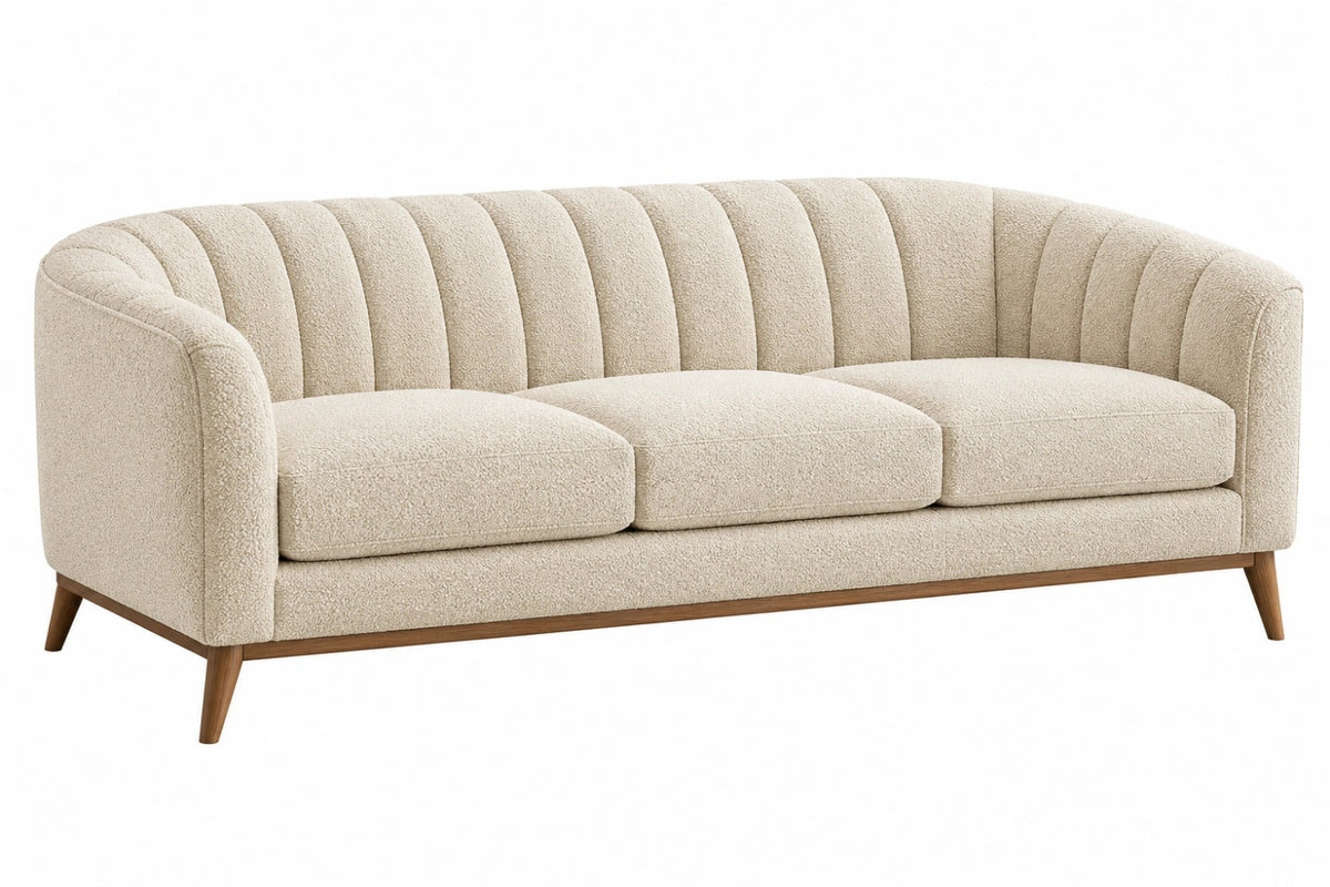 Divano 3 posti 220 x 90 cm in tessuto bouclé beige con schienale scanalato