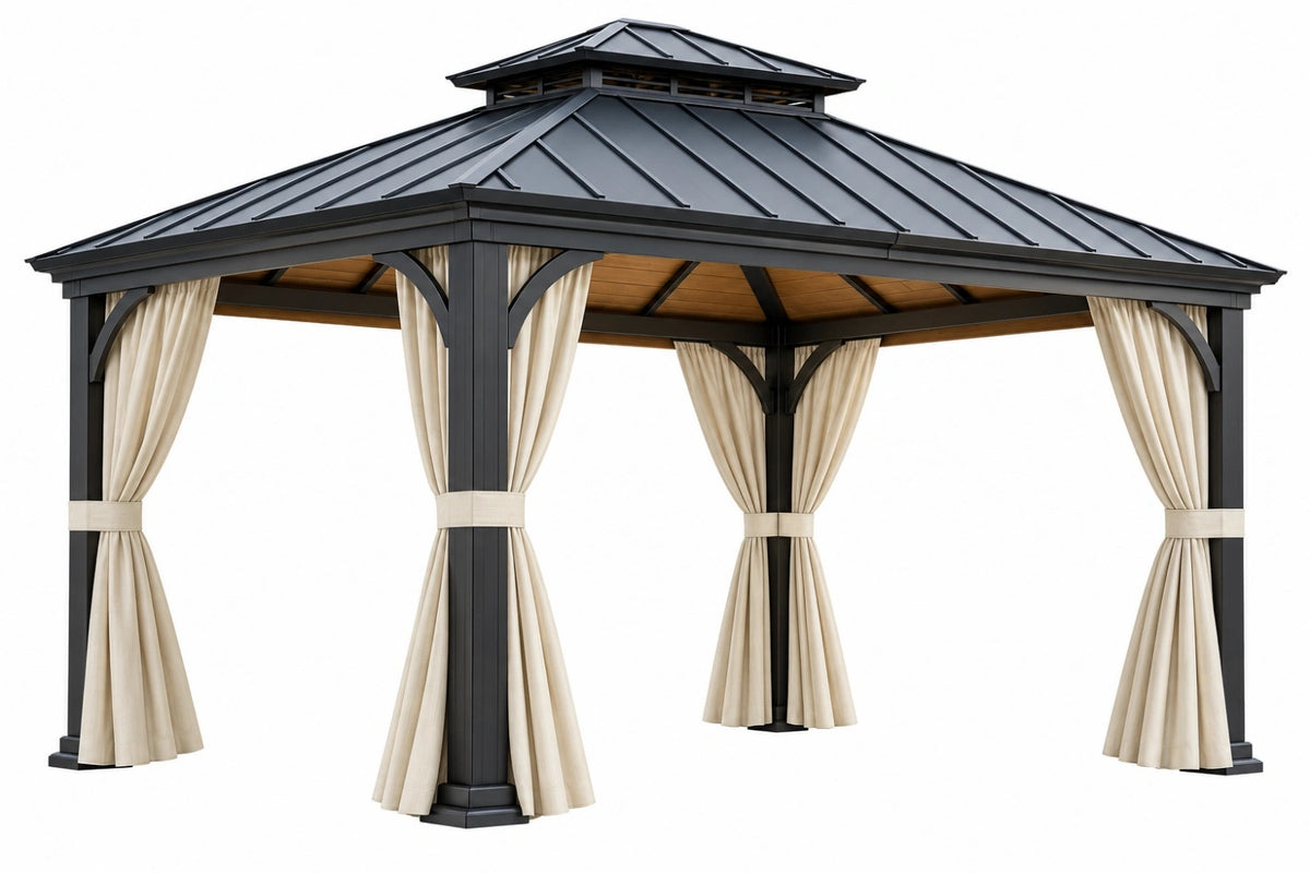 Gazebo da giardino 400x300 cm in metallo nero con tende beige e tetto rigido