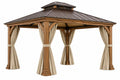 Gazebo da giardino 400 x 400 cm in legno marrone con tetto in metallo e tende