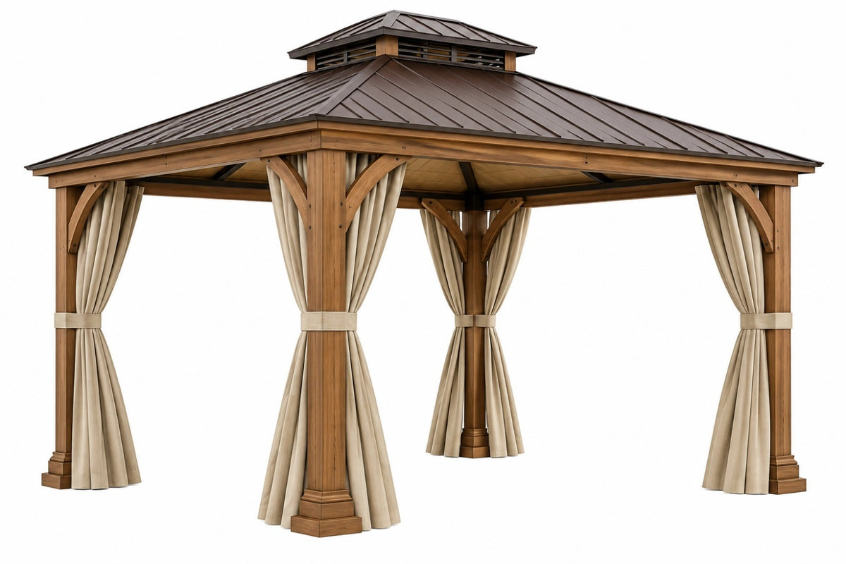 Gazebo da giardino 400 x 400 cm in legno marrone con tetto in metallo e tende