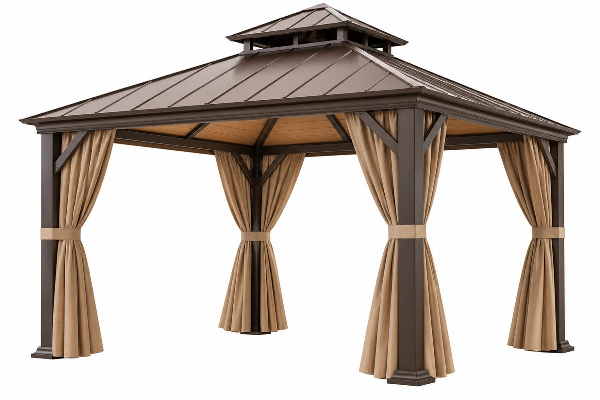 Gazebo da giardino 300 x 300 x 290 cm in metallo marrone con tende beige - copertura ventilata