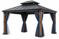 Gazebo da giardino 400 x 300 cm in metallo nero e legno con tende - copertura a padiglione