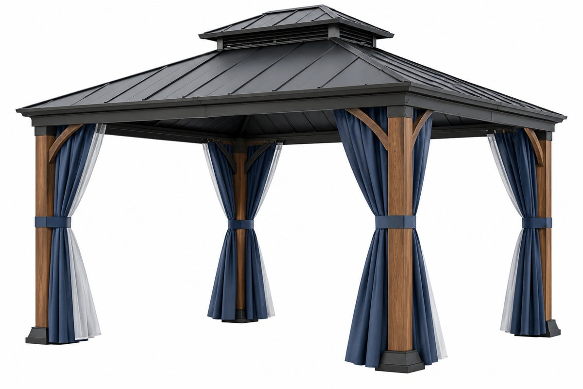 Gazebo da giardino 400 x 300 cm in metallo nero e legno con tende - copertura a padiglione