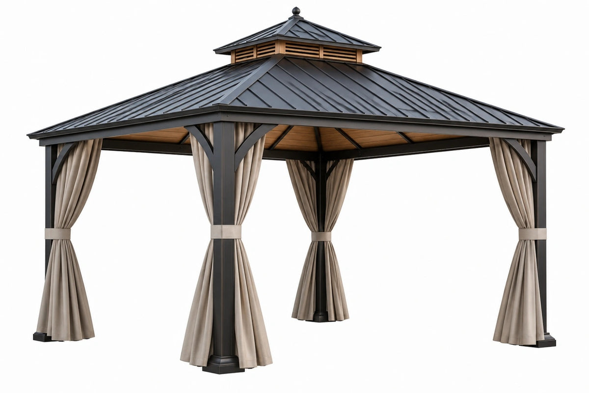 Gazebo da giardino 300 x 300 x 300 cm in metallo nero con tende beige - copertura ventilata