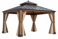 Gazebo da giardino 300x300 cm in legno marrone con tetto metallico e tende beige