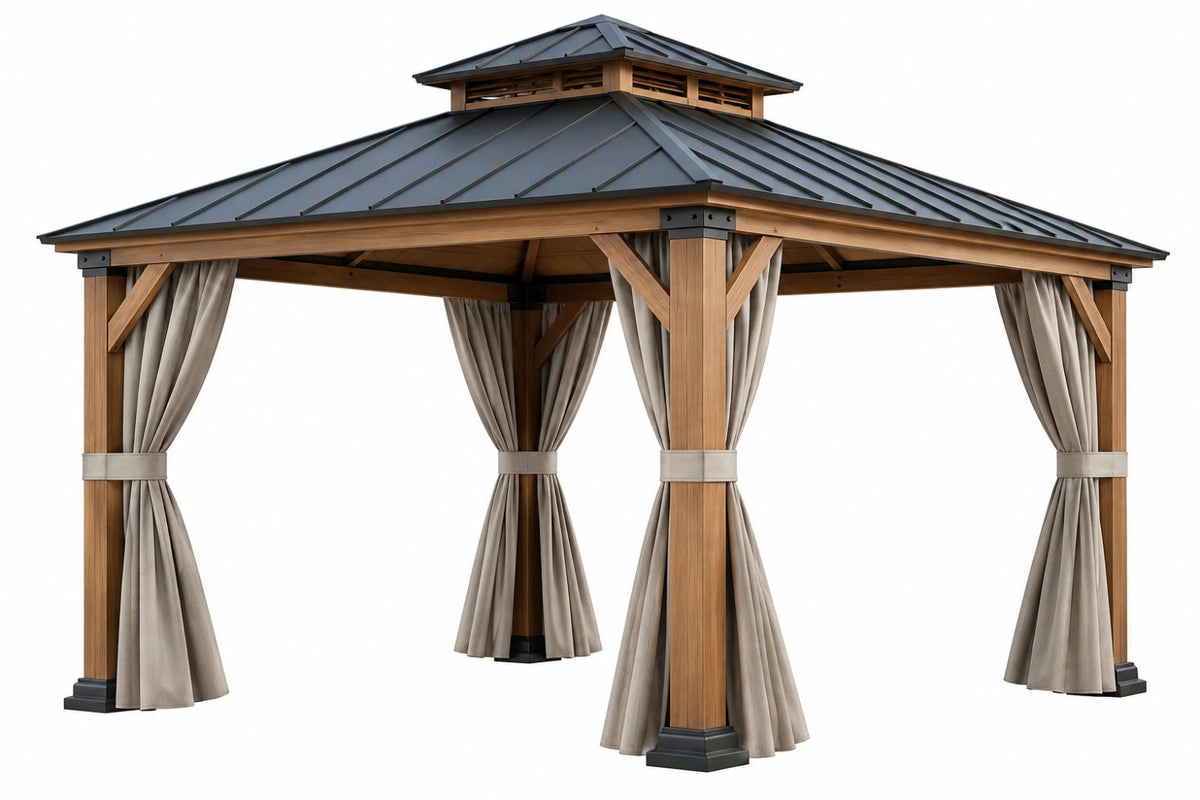 Gazebo da giardino 300 x 300 cm in legno marrone con tetto in metallo nero e tende laterali