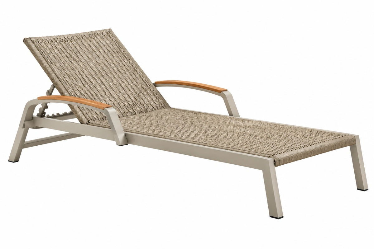 Lettino prendisole 200 x 65 x 90 cm in alluminio beige con intreccio in corda e schienale reclinabile