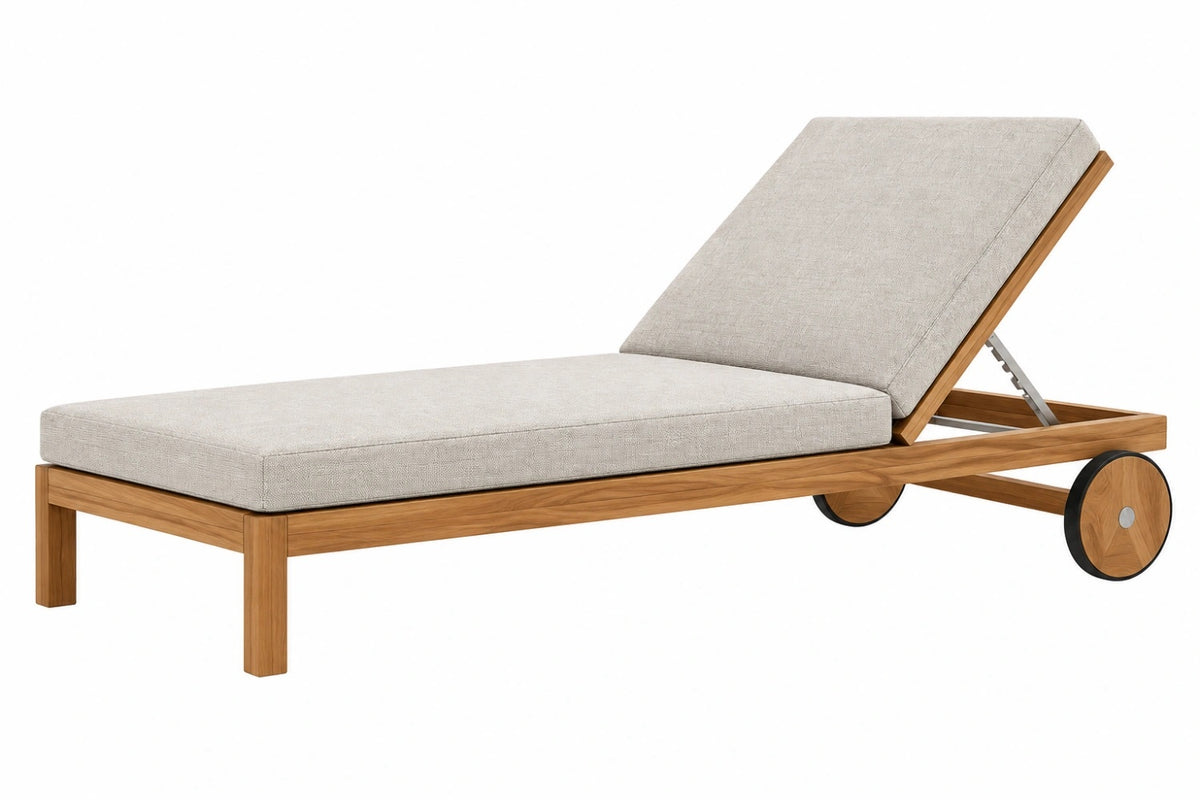 Lettino prendisole 200 x 70 x 35 cm in legno naturale e tessuto beige reclinabile con ruote