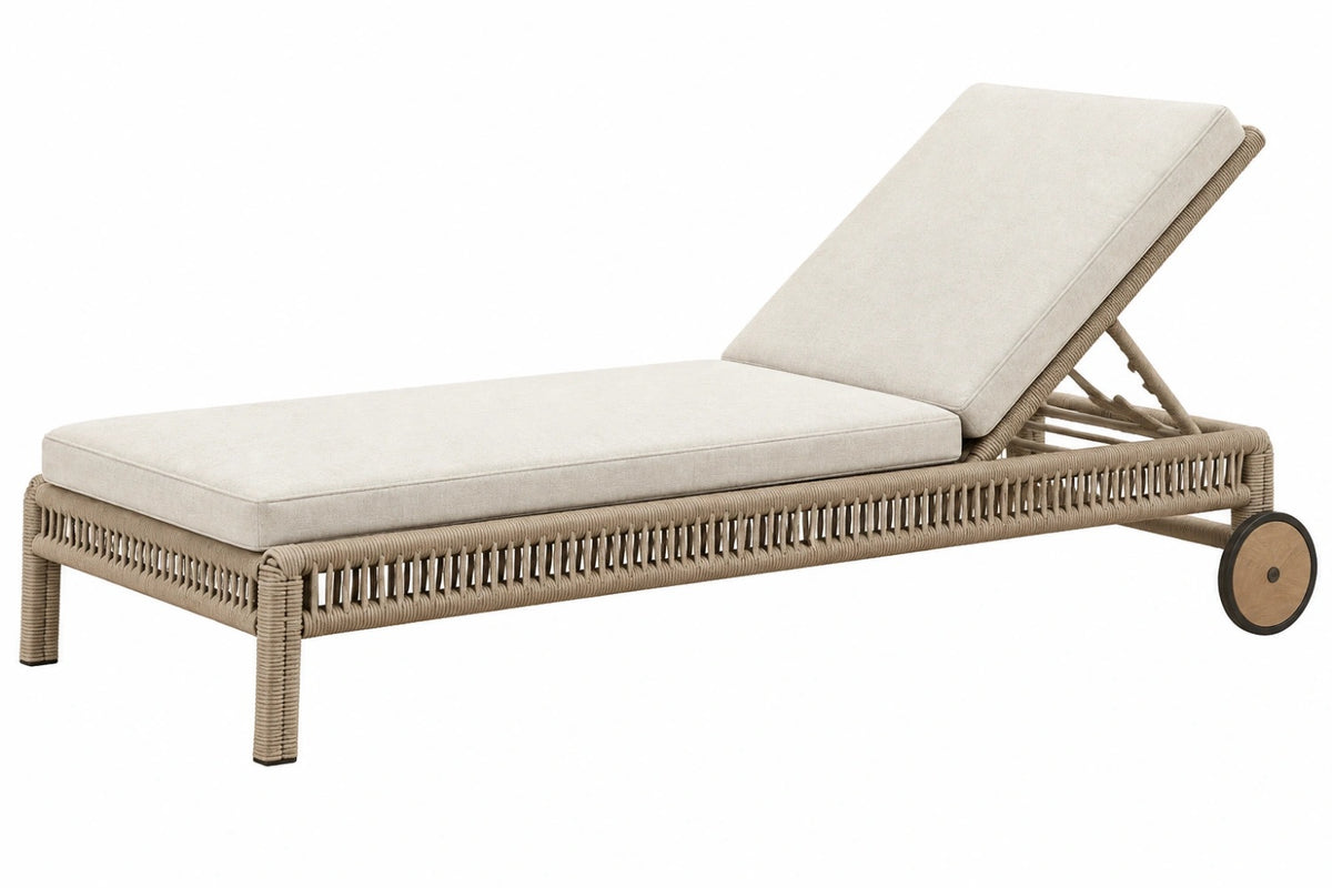 Lettino prendisole 200 x 70 cm in corda intrecciata beige con schienale regolabile e ruote