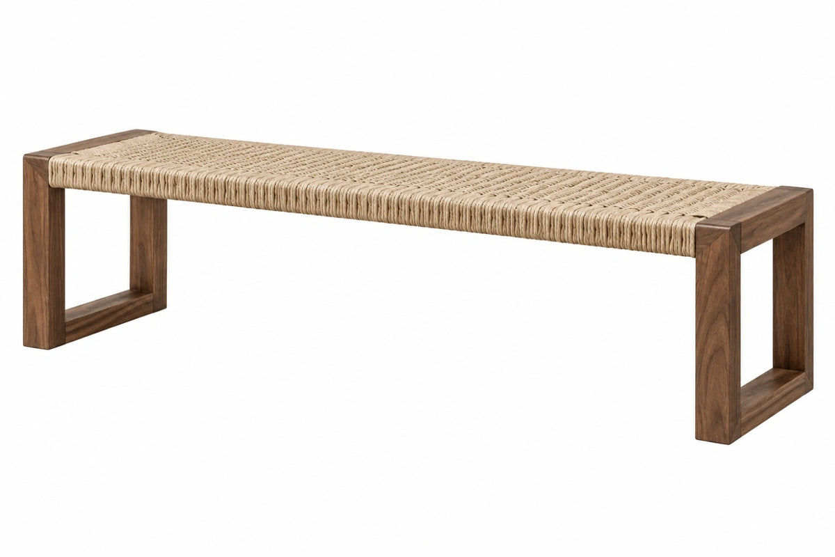 Panca 120x40x45 cm in legno e corda beige - seduta intrecciata stile rustico