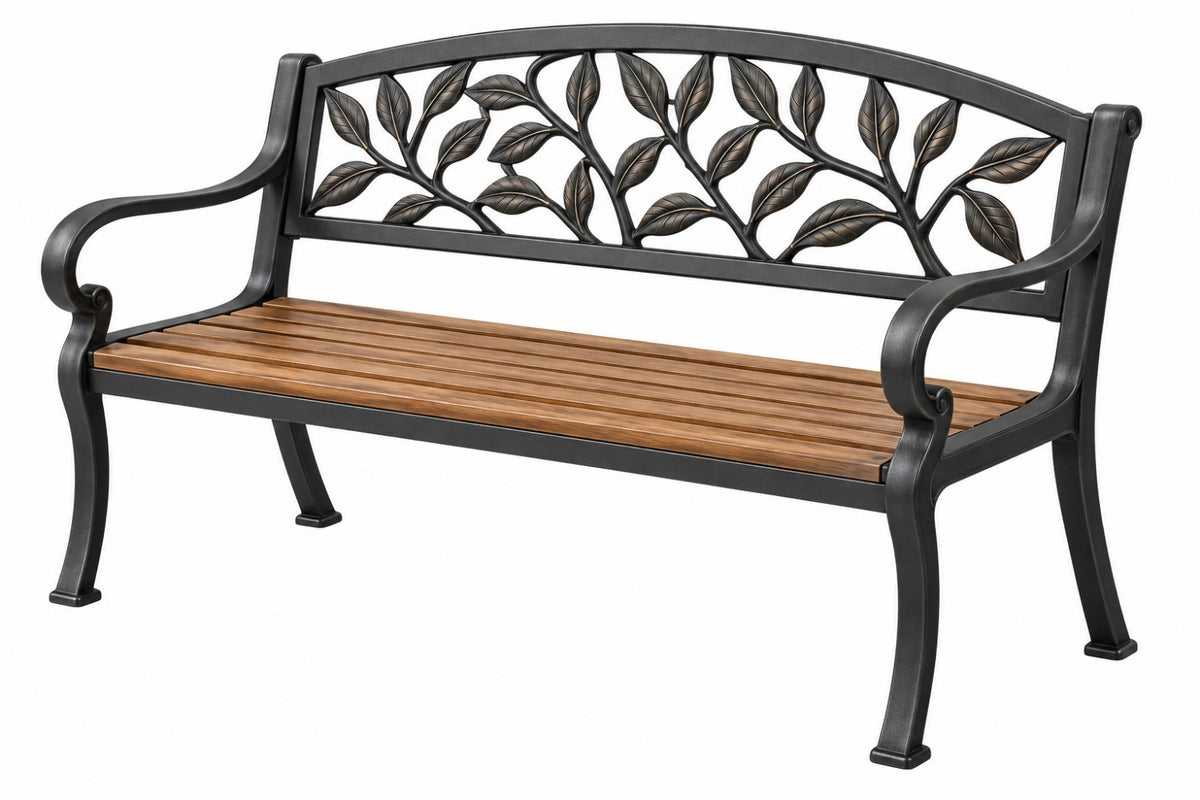 Panca da giardino 122 x 62 x 90 cm in metallo e legno marrone/nero con schienale decorativo