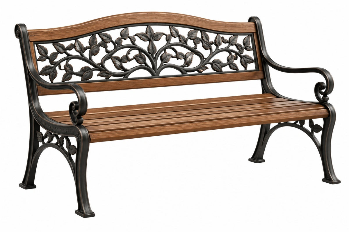 Panca da giardino 150 x 60 x 90 cm in legno e metallo marrone nero con schienale decorativo