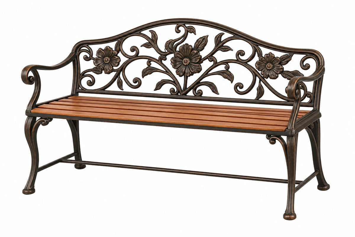 Panca da giardino 125 x 60 x 90 cm in ferro e legno marrone stile floreale