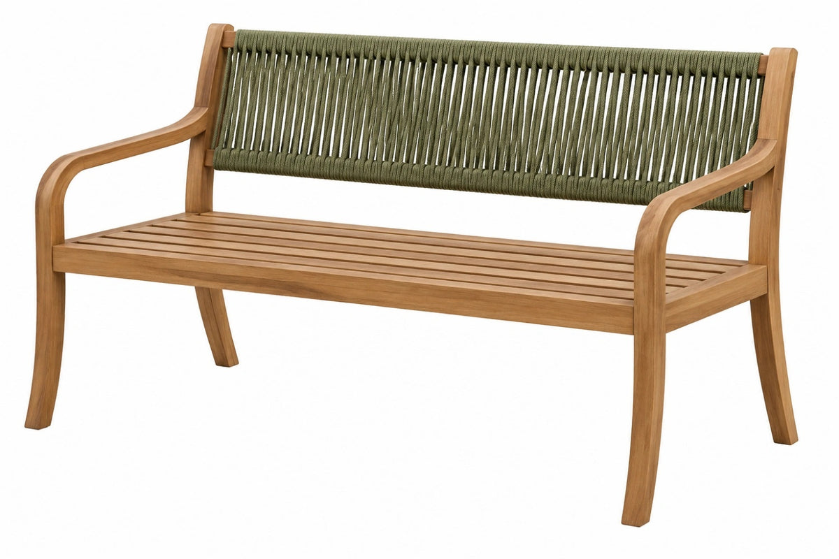 Panca da giardino 120 cm in legno naturale e corda verde oliva con schienale intrecciato