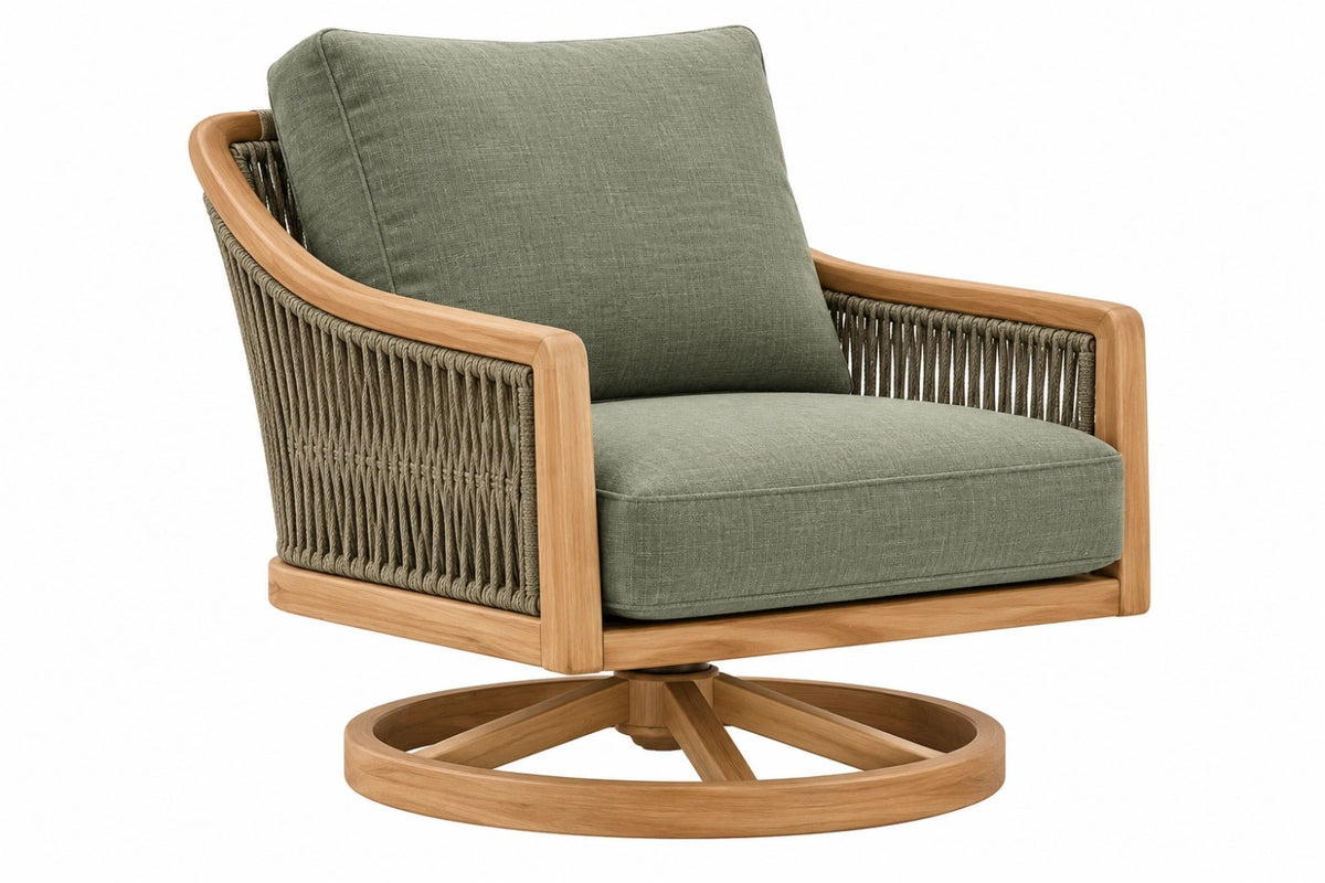 Poltrona da giardino 82 x 85 x 88 cm in legno e corda verde oliva girevole stile contemporaneo