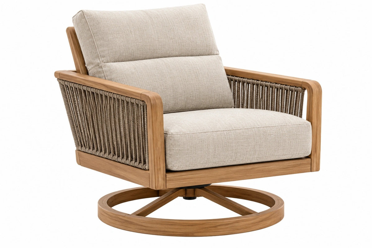 Poltrona girevole da esterno 82 x 85 x 90 cm in legno beige e marrone con corda intrecciata