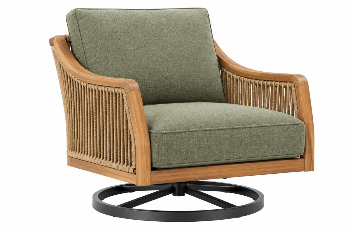 Poltrona girevole 76 x 82 x 88 cm in legno corda e tessuto verde oliva