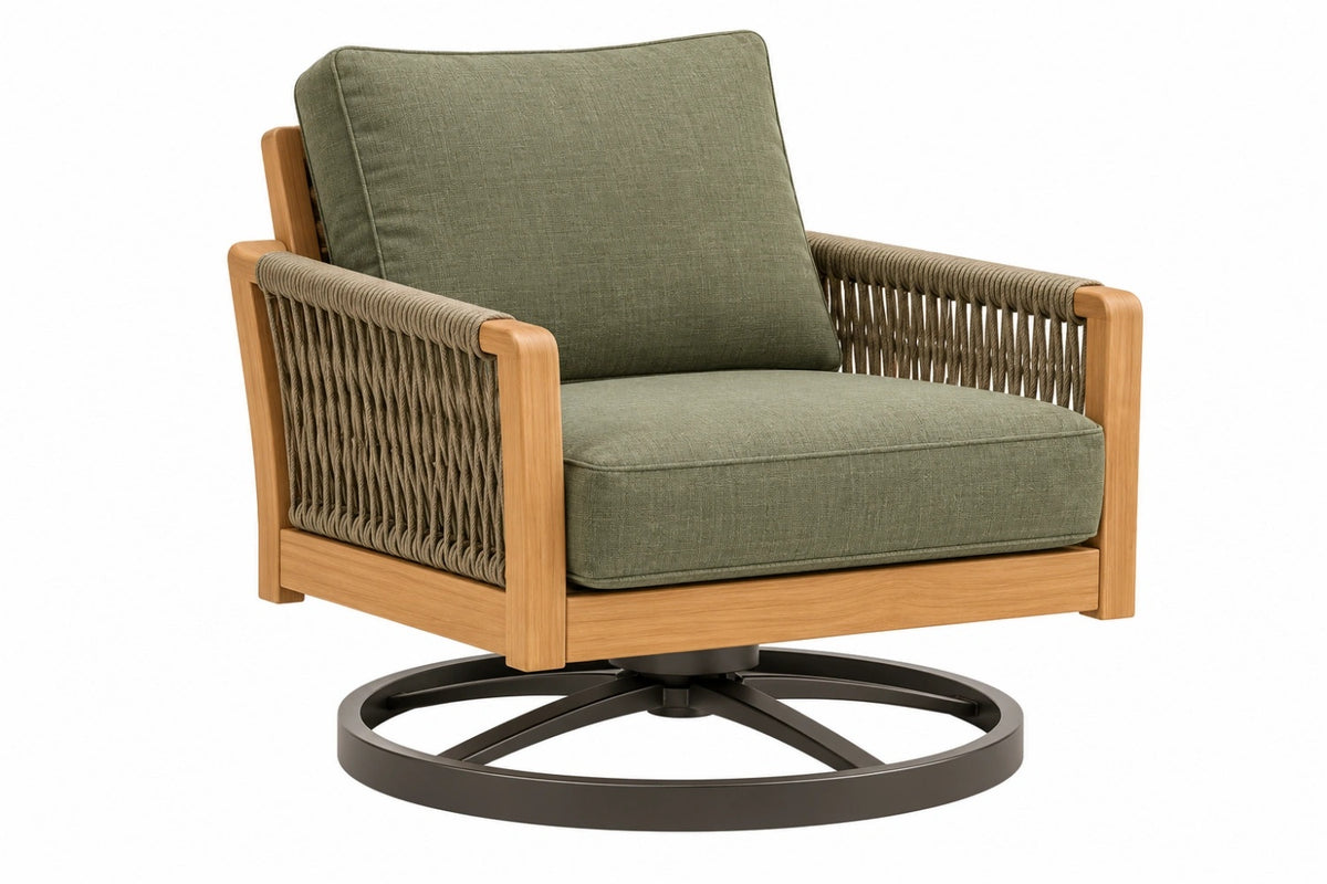 Poltrona girevole 85 x 80 x 90 cm in legno verde con corda intrecciata per soggiorno e terrazza