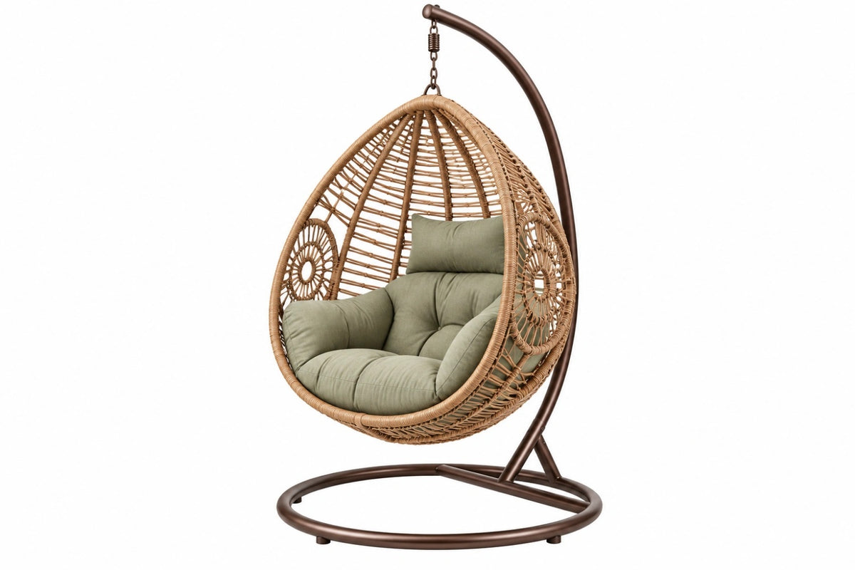 Poltrona sospesa 105 x 105 x 195 cm in fibra intrecciata beige con struttura in metallo marrone per interni e spazi esterni coperti