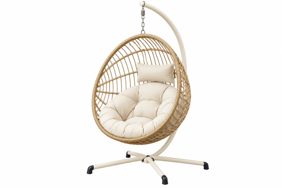 Poltrona sospesa 105x105x195 cm in rattan sintetico naturale e acciaio avorio per interni ed esterni coperti