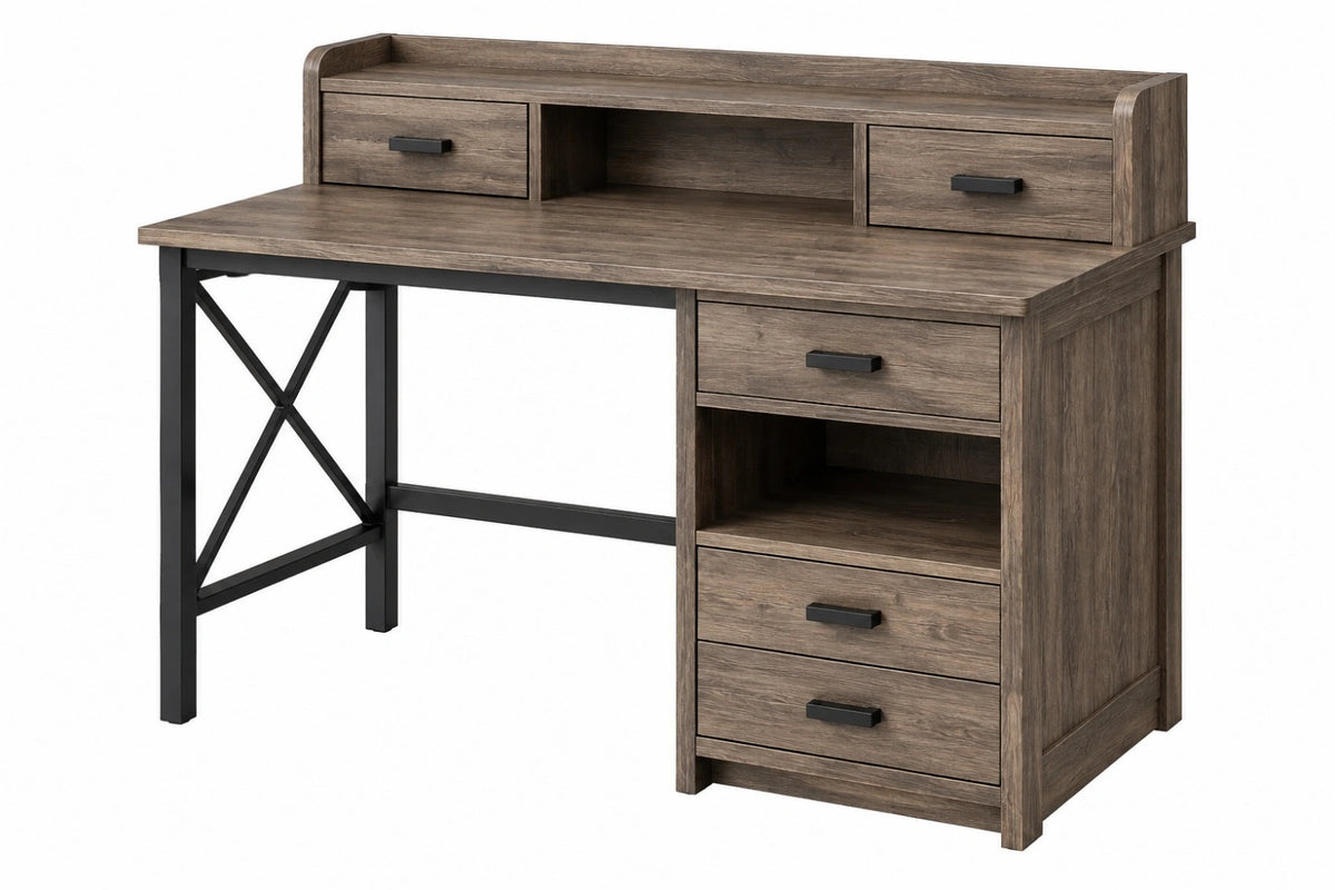 Scrivania 120 x 60 x 92 cm in legno marrone con 5 cassetti stile industriale