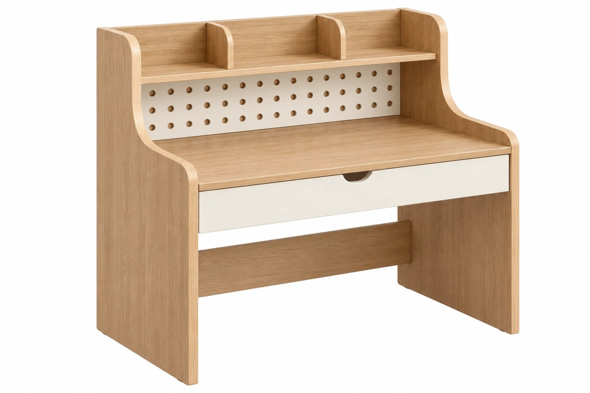 Scrivania per bambini 90 x 50 x 100 cm in legno naturale e bianco con cassetto e mensole