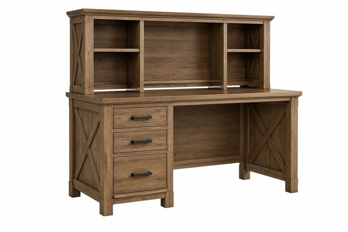 Scrivania con libreria 150 x 60 x 160 cm in legno marrone stile rustico con tre cassetti