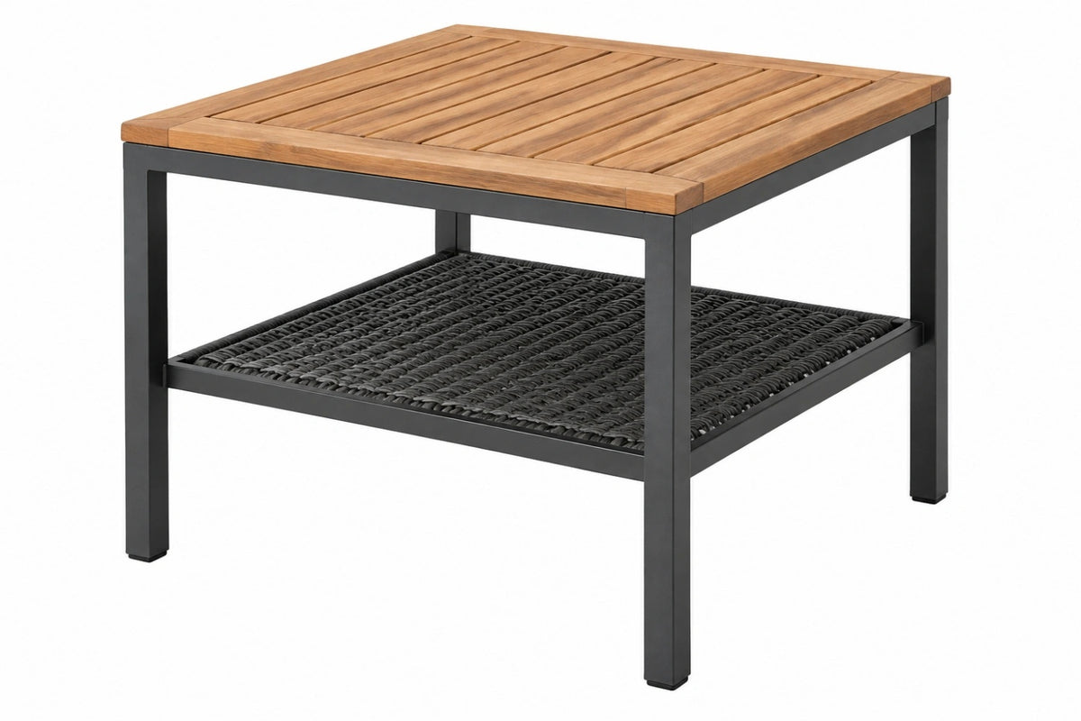 Tavolino da giardino 80 x 80 x 45 cm in legno e metallo marrone nero con ripiano intrecciato
