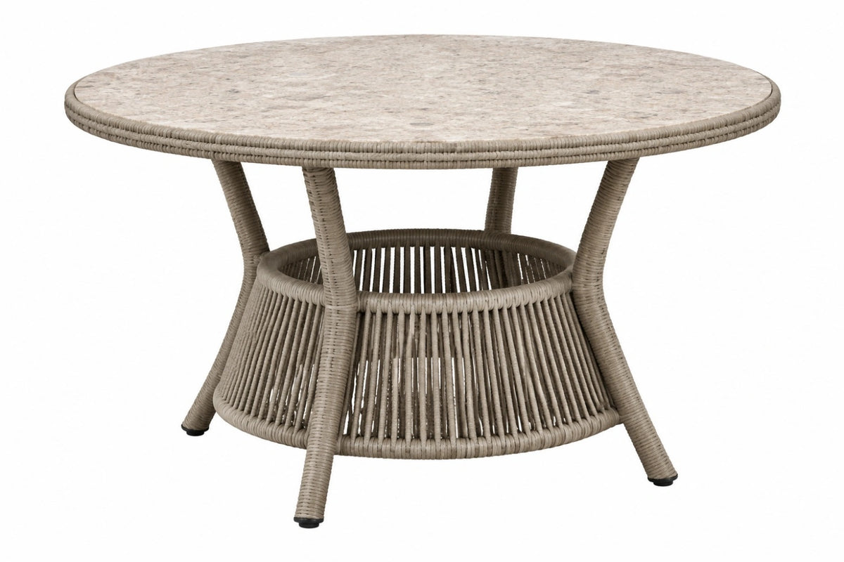 Tavolo da giardino rotondo diametro 110 cm in rattan sintetico beige con piano effetto pietra stile naturale