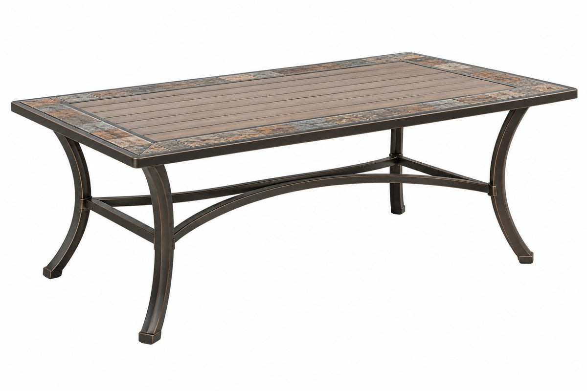 Tavolo da pranzo da esterno 220 x 100 x 74 cm in metallo marrone con piano a doghe e bordo decorativo