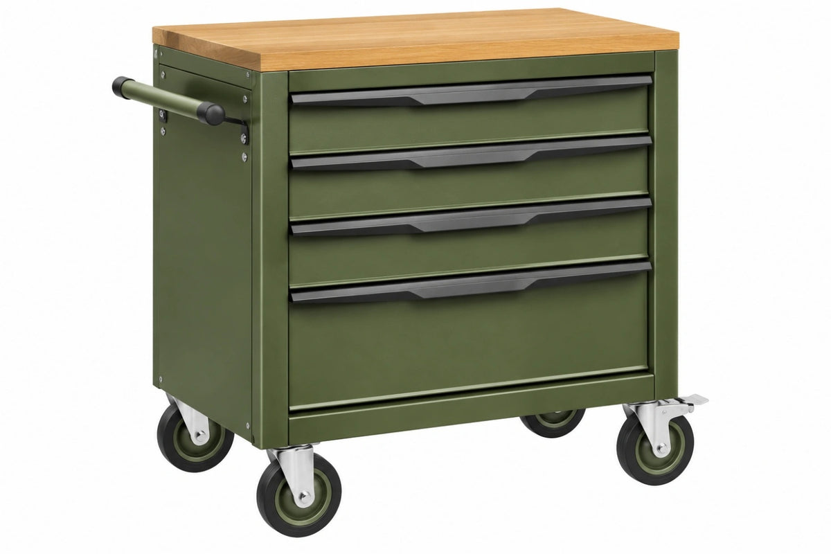 Carrello portautensili 77 x 46 x 94 cm in acciaio verde con piano in legno e 4 cassetti