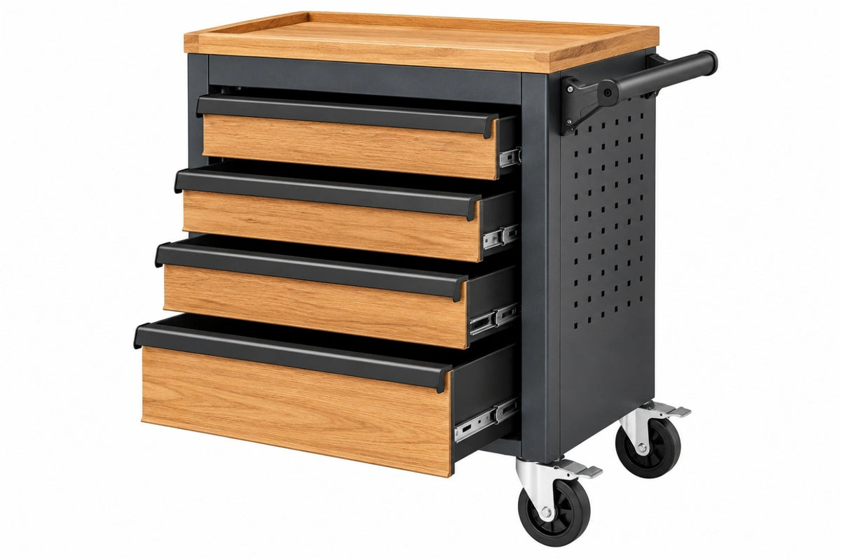 Carrello portautensili 75 x 45 x 95 cm in acciaio nero e legno con 4 cassetti e ruote