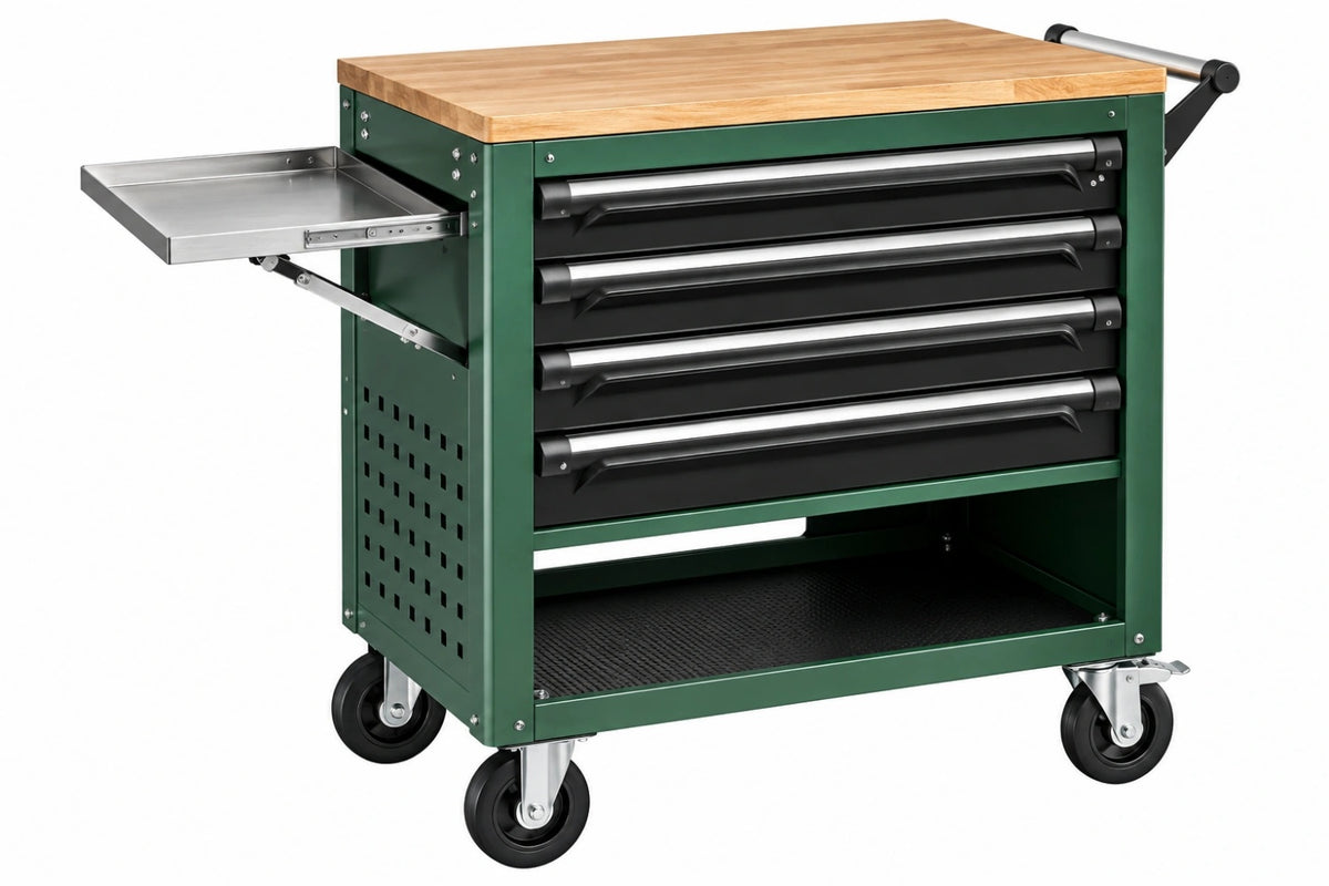 Carrello portautensili 85 x 46 x 95 cm in acciaio verde con piano in legno e 4 cassetti