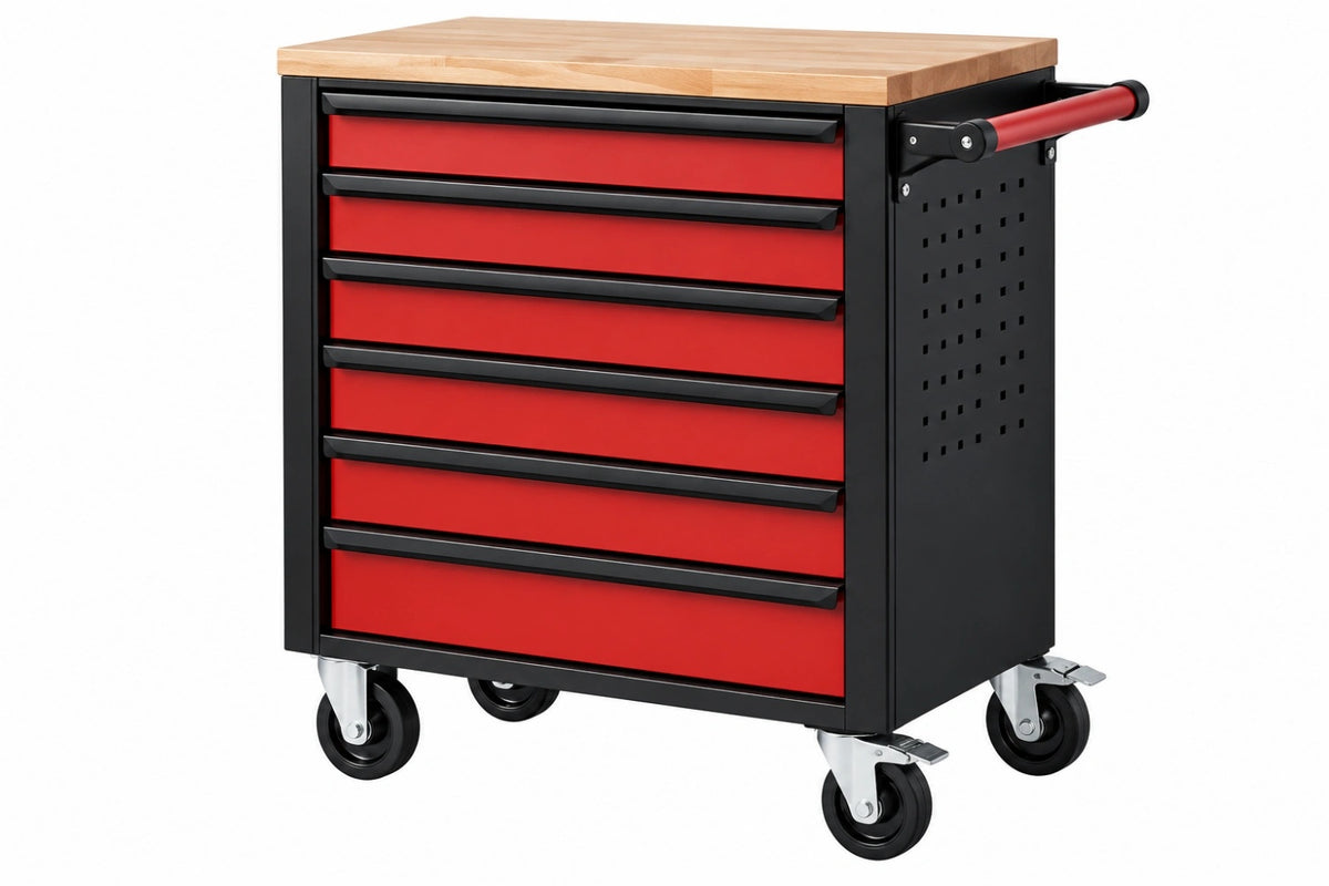 Carrello portautensili 77 x 46 x 97 cm in acciaio rosso e nero con piano in legno e 7 cassetti