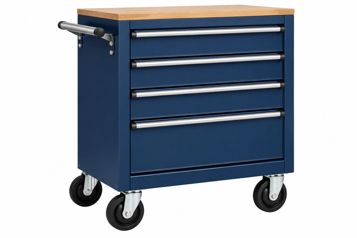 Carrello portautensili 77 x 46 x 96 cm in acciaio blu con piano in legno e 4 cassetti