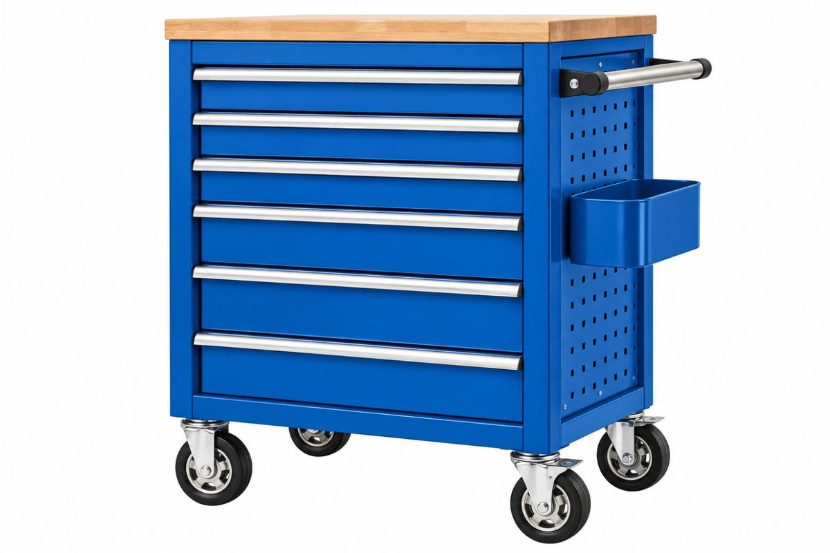 Carrello portautensili 77 x 46 x 97 cm in acciaio blu con 7 cassetti e piano in legno