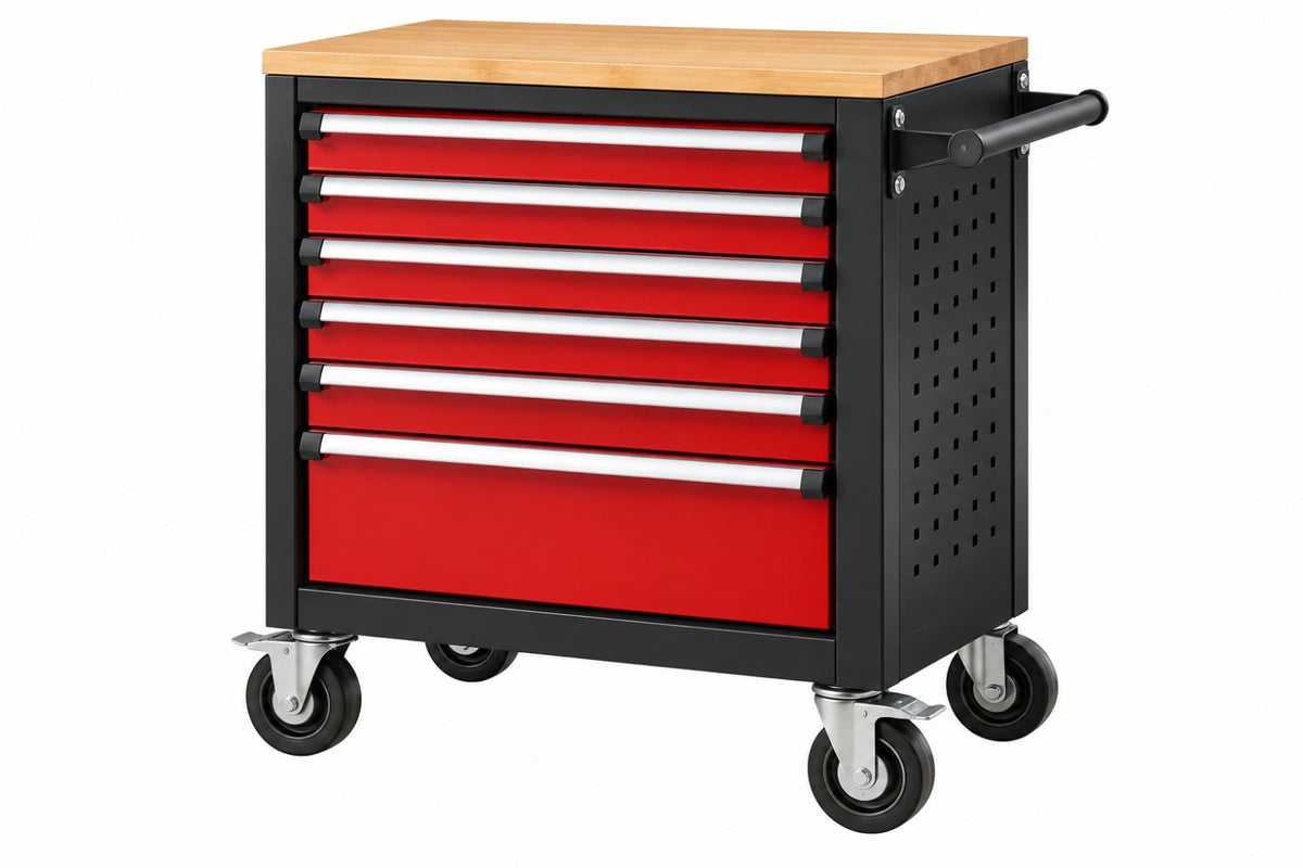 Cassettiera portautensili 77 x 46 x 97 cm in acciaio nero rosso con piano in legno su ruote