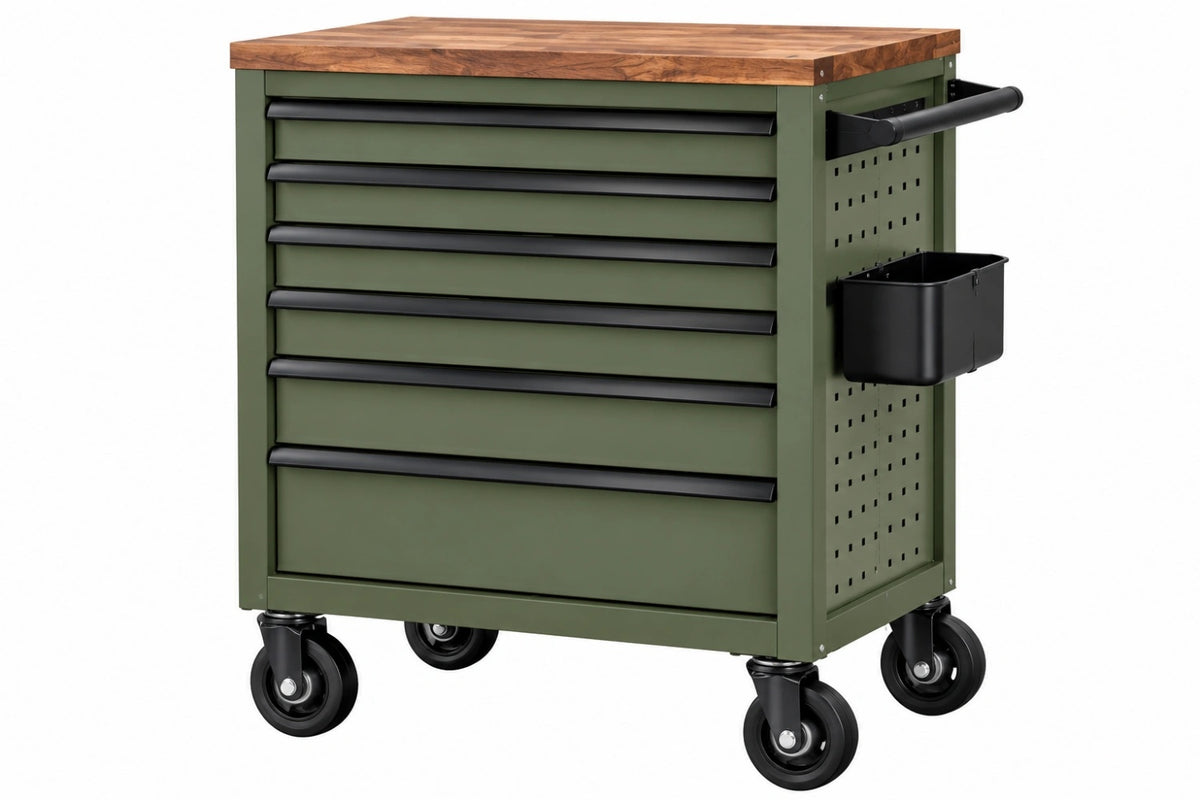 Carrello portautensili 75 x 45 x 90 cm in acciaio verde con piano in legno e 7 cassetti